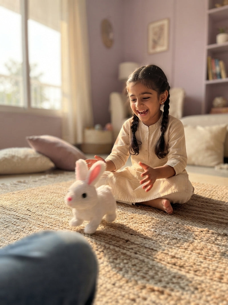 A young Indian girl playing with an interactive toy rabbit on a rug in a sunlit living room.